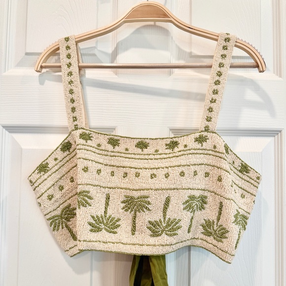 Anthropologie Tops - 🌴 Anthropologie Celandine Beaded Palm Tree Cami Crop Top Green Beige Seed Beads